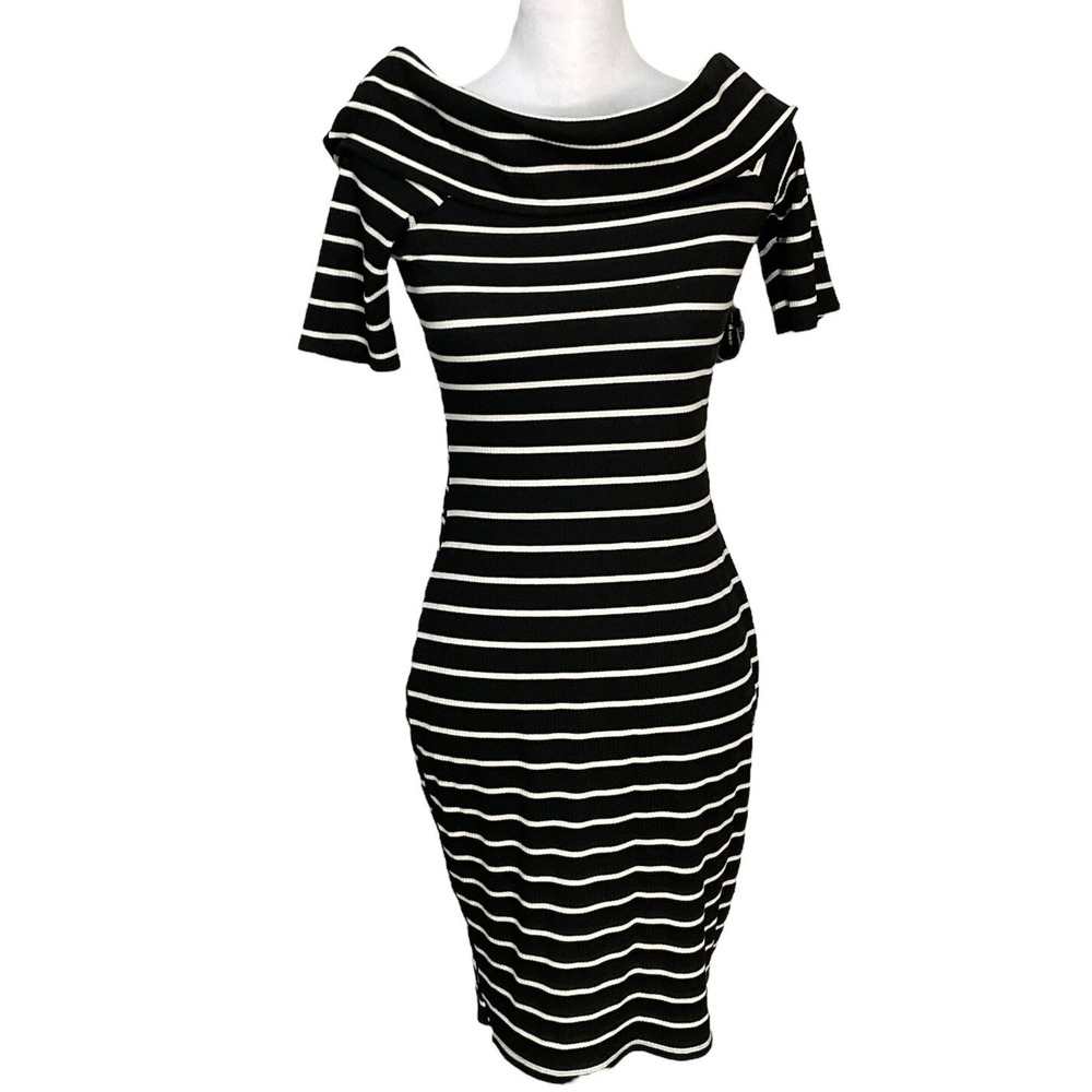 Juicy Couture Women Black White Striped Bodycon Ribbed Off Shoulder Dress S R2